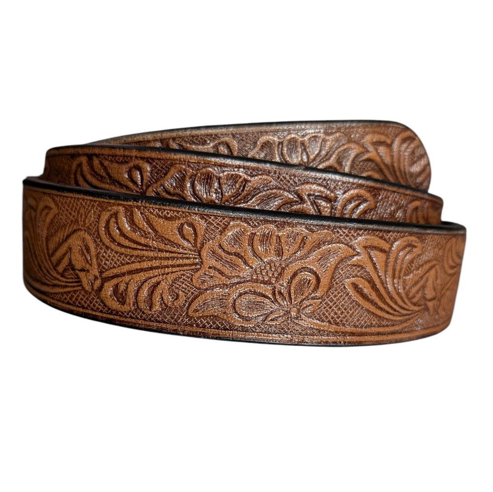 C.L. Genuine Leather Brown Embossed Floral Horse Belt Silver Buckle Size 38